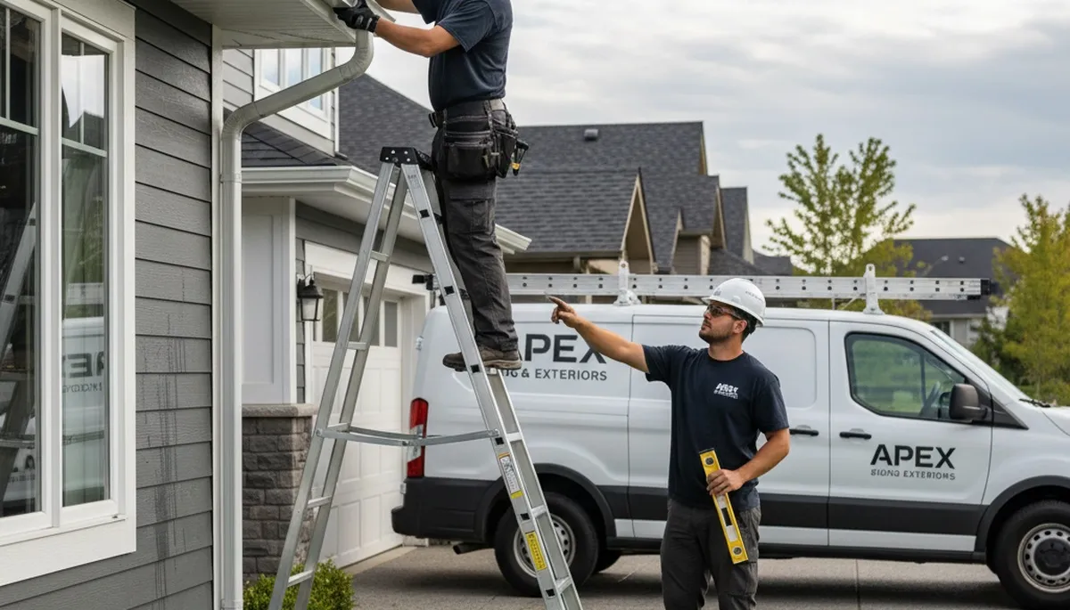 Technician repairing home gutters with vinyl siding in Austin, TX