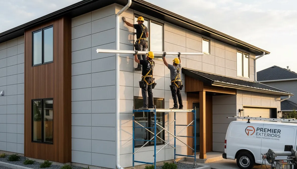Seamless gutter installation on Austin TX home by vinyl siding experts Next Level Exteriors