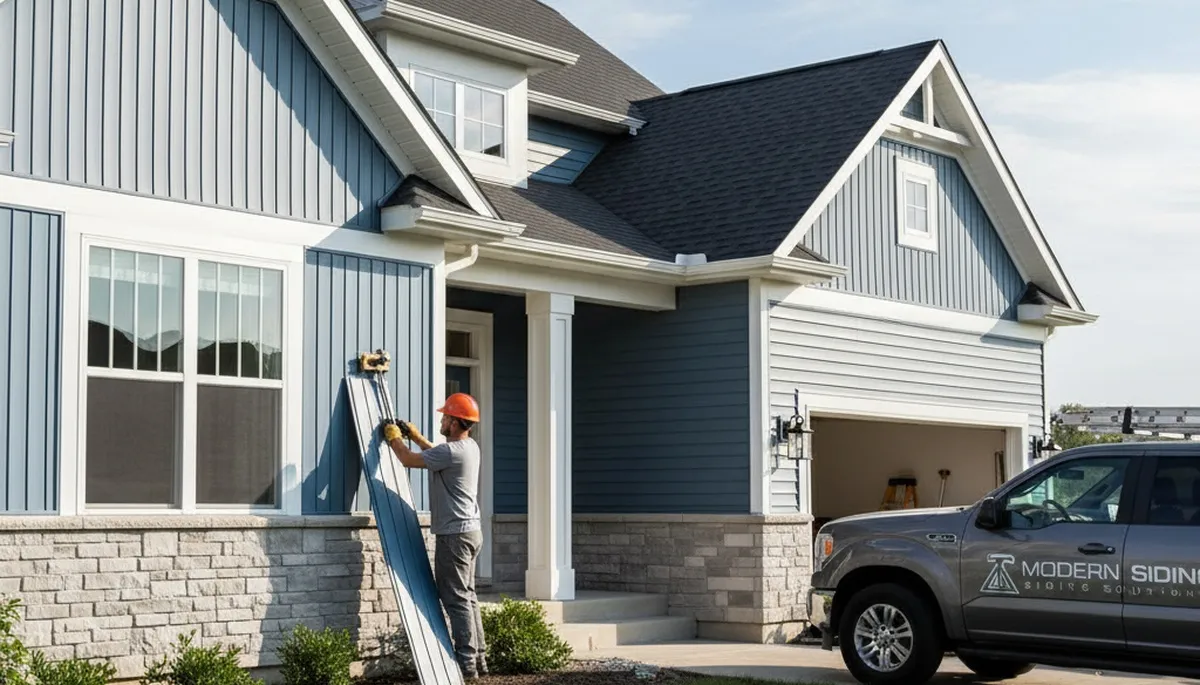 Technician repairing damaged vinyl siding on home exterior in Austin, TX